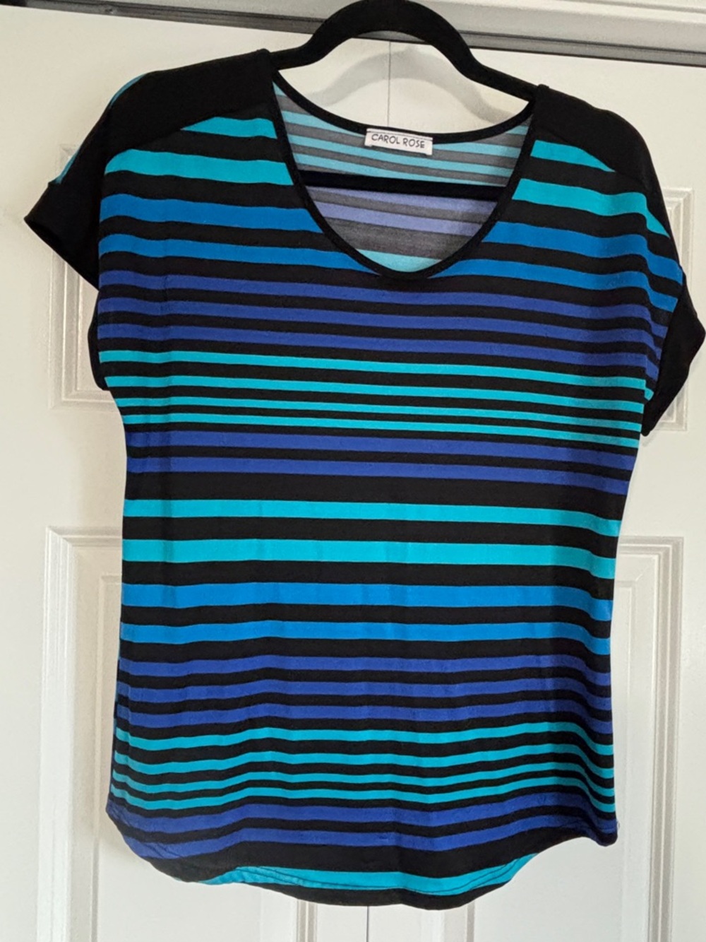 Carol Rose Short-Sleeve V-Neck Striped Top in Teal, Blue & Black